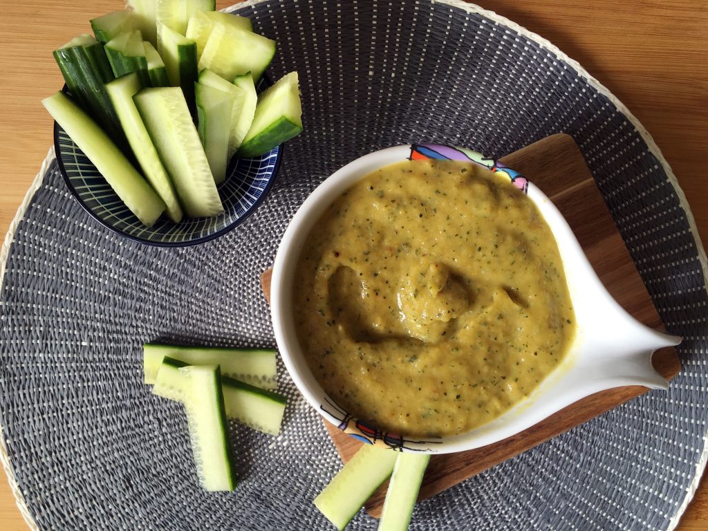 Roasted Zucchini and Bell Pepper Dip with veggie sticks - perfect snack