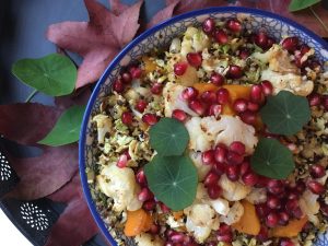 Pumpkin and Cauliflower Quinoa Salad with Pomegranate Dressing