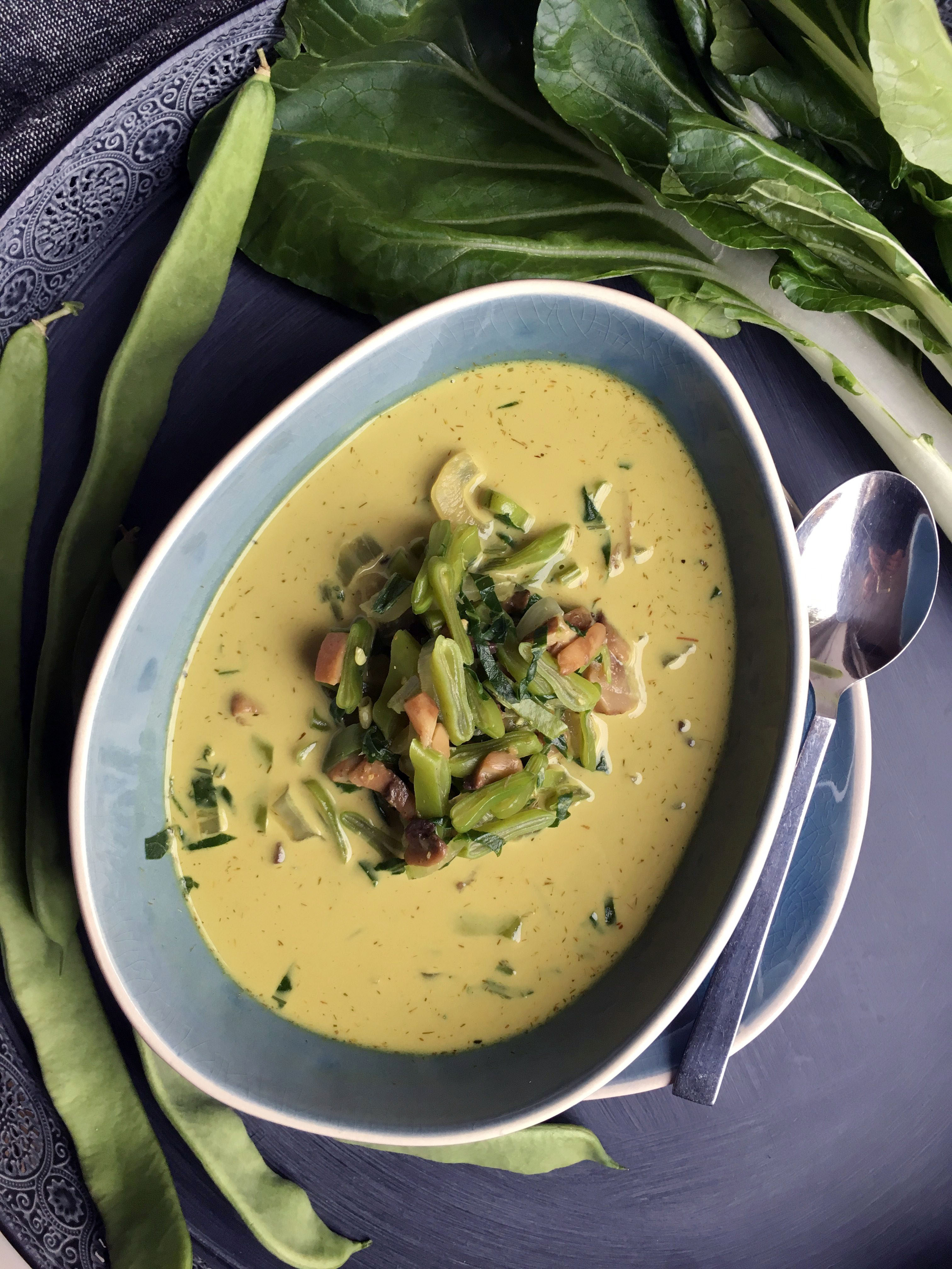 Anti-Inflammatory Coconut Soup with bok choy, flat beans and mushrooms.